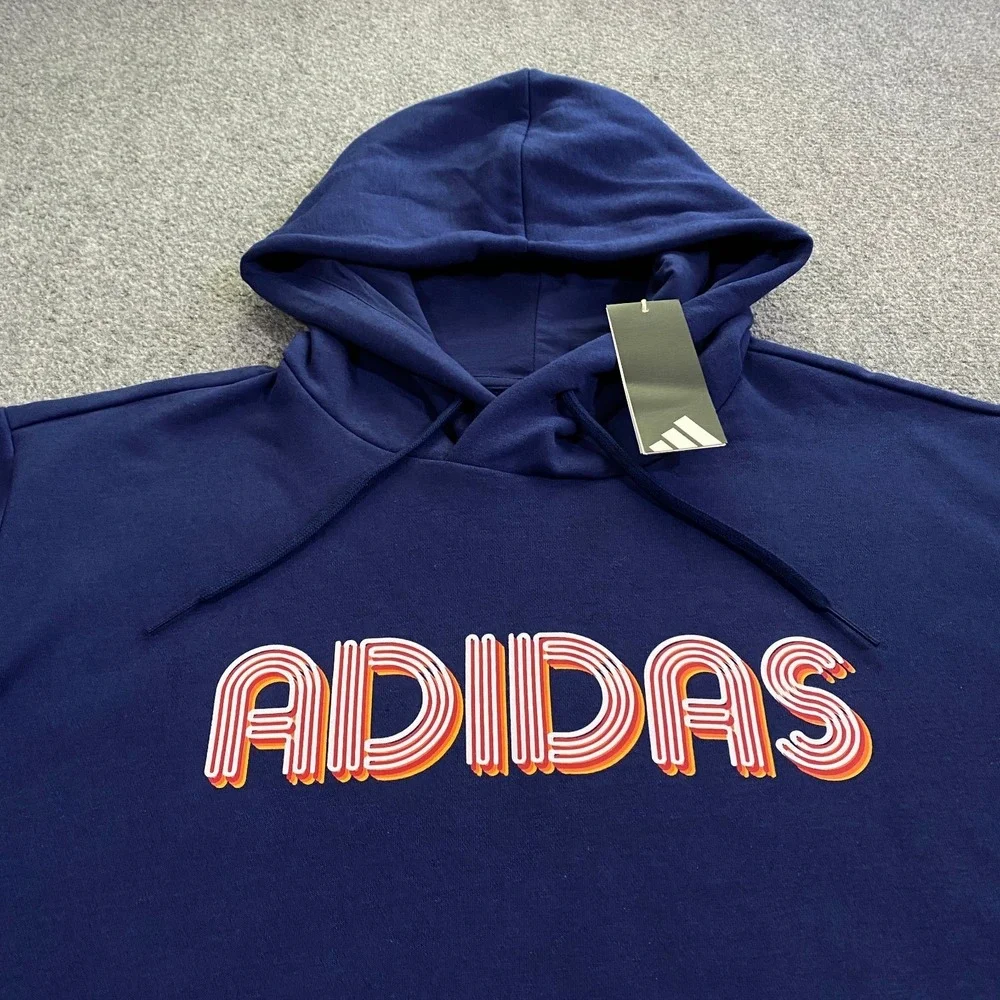 Adidas 3D Retro 70s Striped Logo Hoodie Mens XL Blue Spell Out Disco Groovy NWT